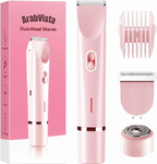 Pink dual-head electric shaver set with the main shaver, guide comb, blade attachment, and retail box on a white background. The box reads ArabVista Dual-Head Shaver.