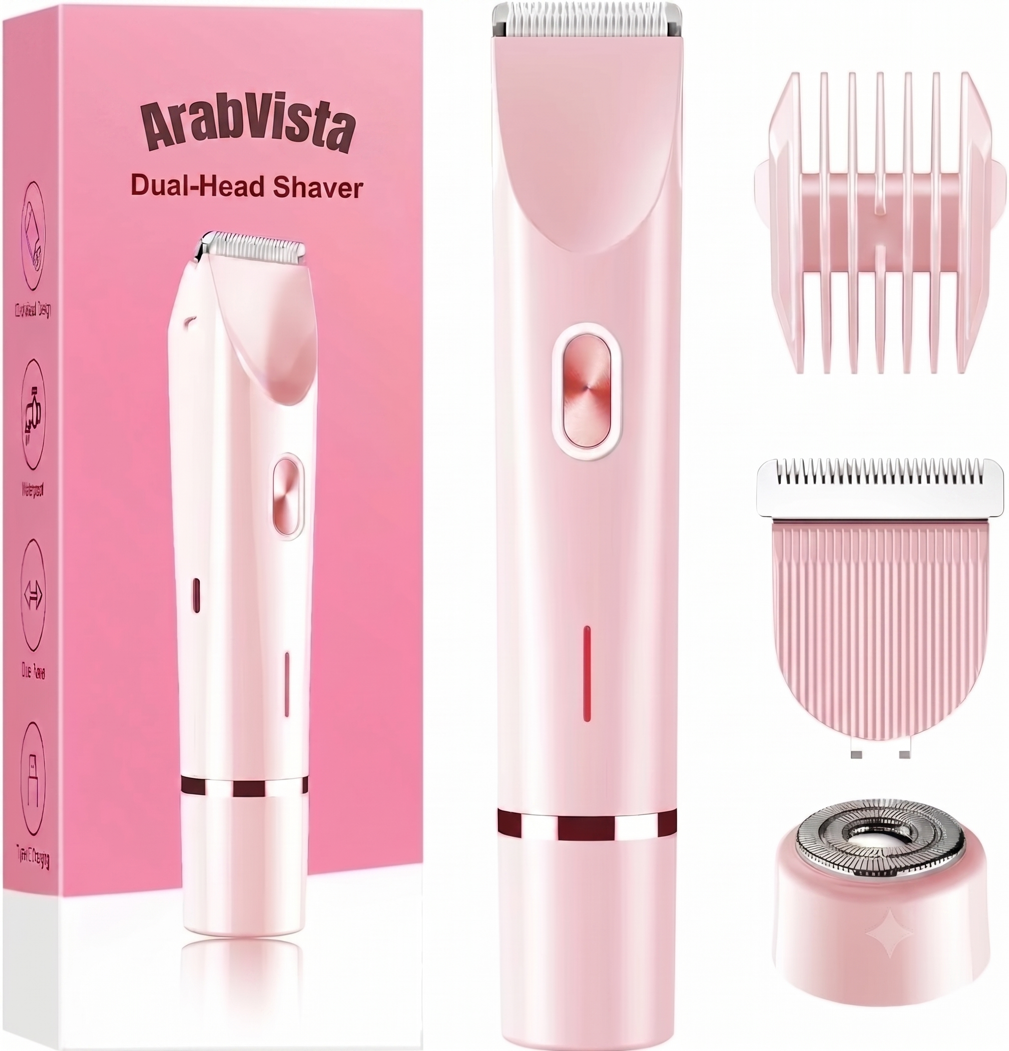 Pink dual-head electric shaver set with the main shaver, guide comb, blade attachment, and retail box on a white background. The box reads ArabVista Dual-Head Shaver.