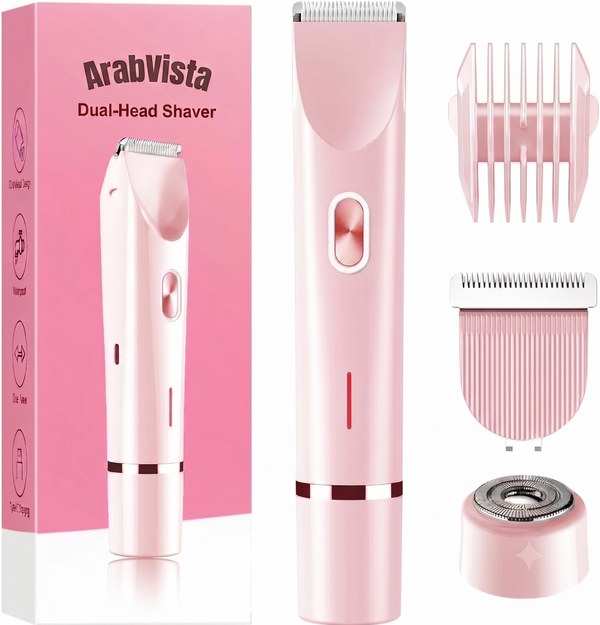 Pink dual-head electric shaver set with the main shaver, guide comb, blade attachment, and retail box on a white background. The box reads ArabVista Dual-Head Shaver.